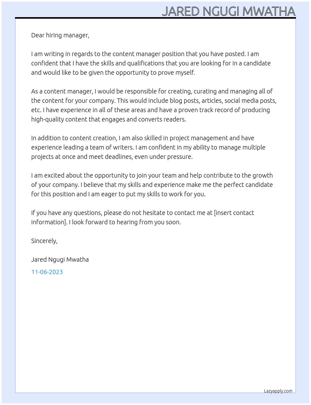 Content Manager At Jared Ngugi Mwatha Cover Letter