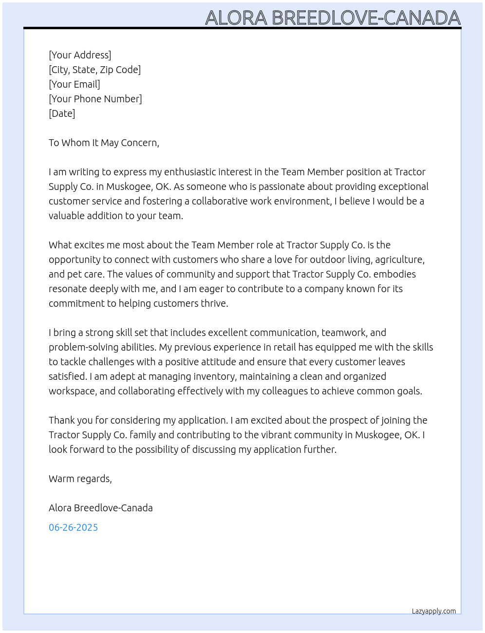 Team Member At Tractor Supply Co. Cover Letter