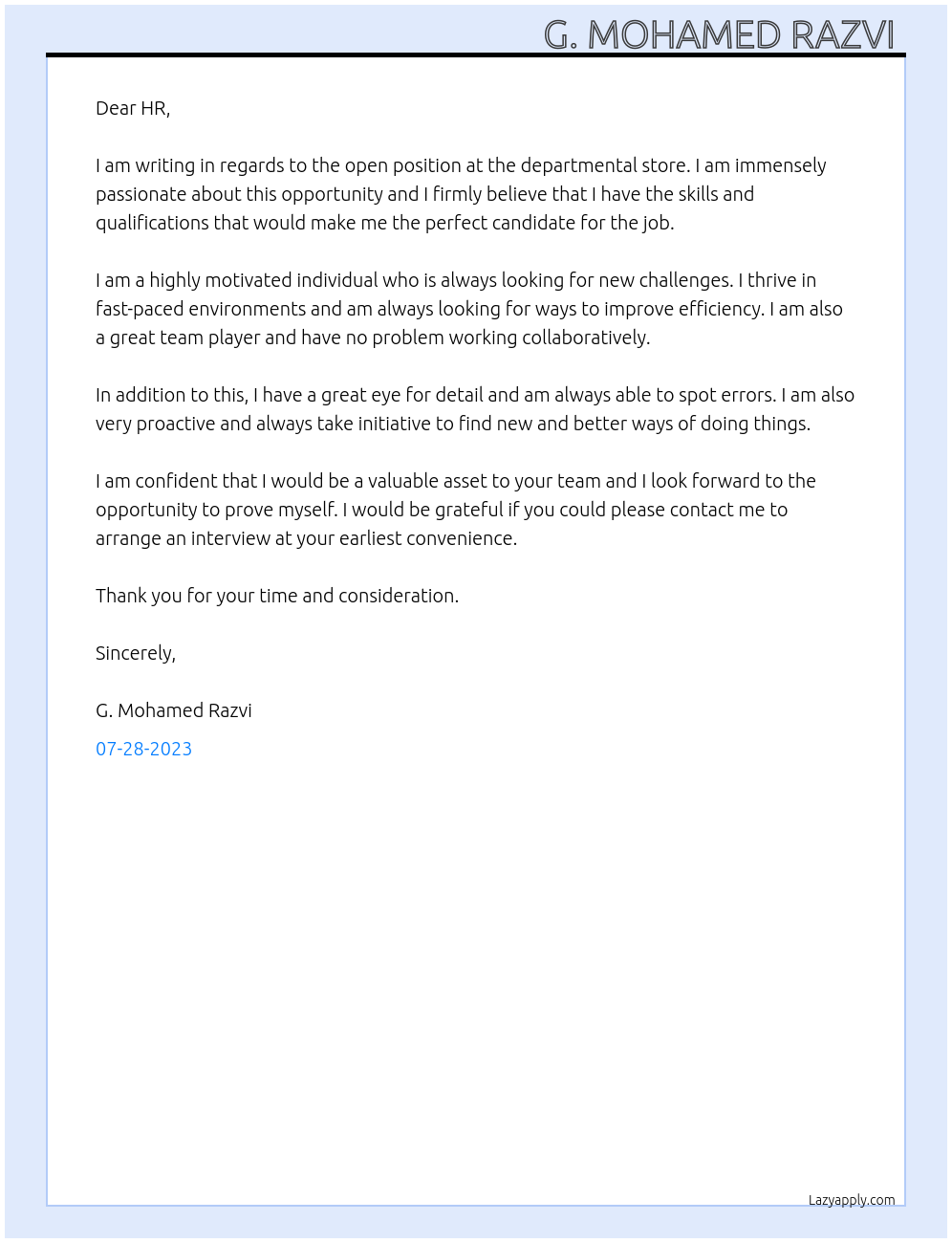 Any Job At Departmental store Cover Letter