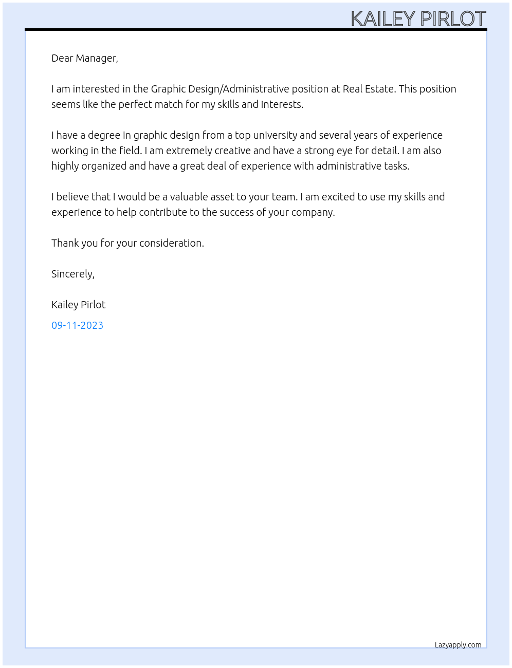 Graphic Design/Administrative At Real Estate Cover Letter