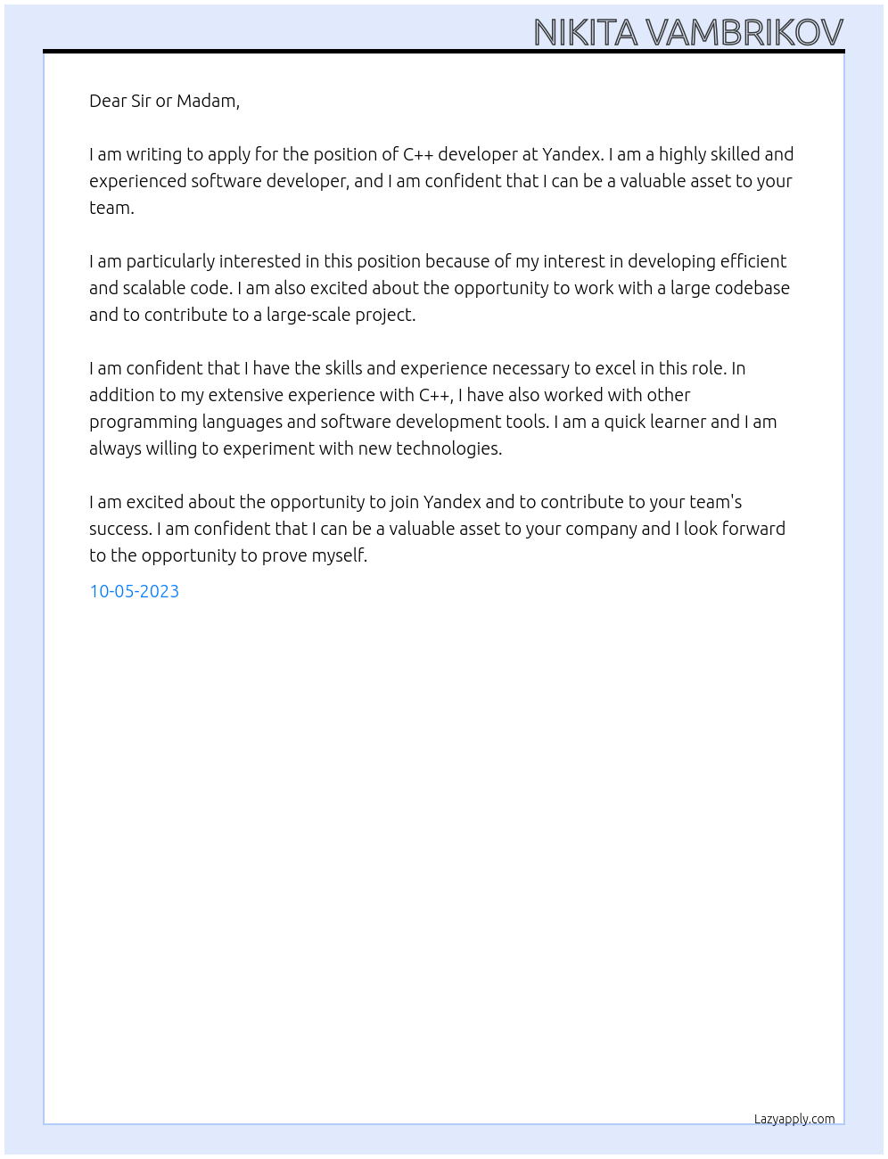 c++ developer At Yandex Cover Letter