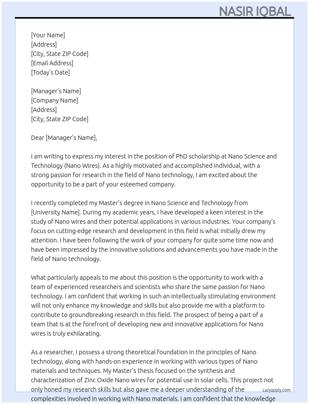 PhD scholarship At Nano science and technology (nano wires) Cover Letter