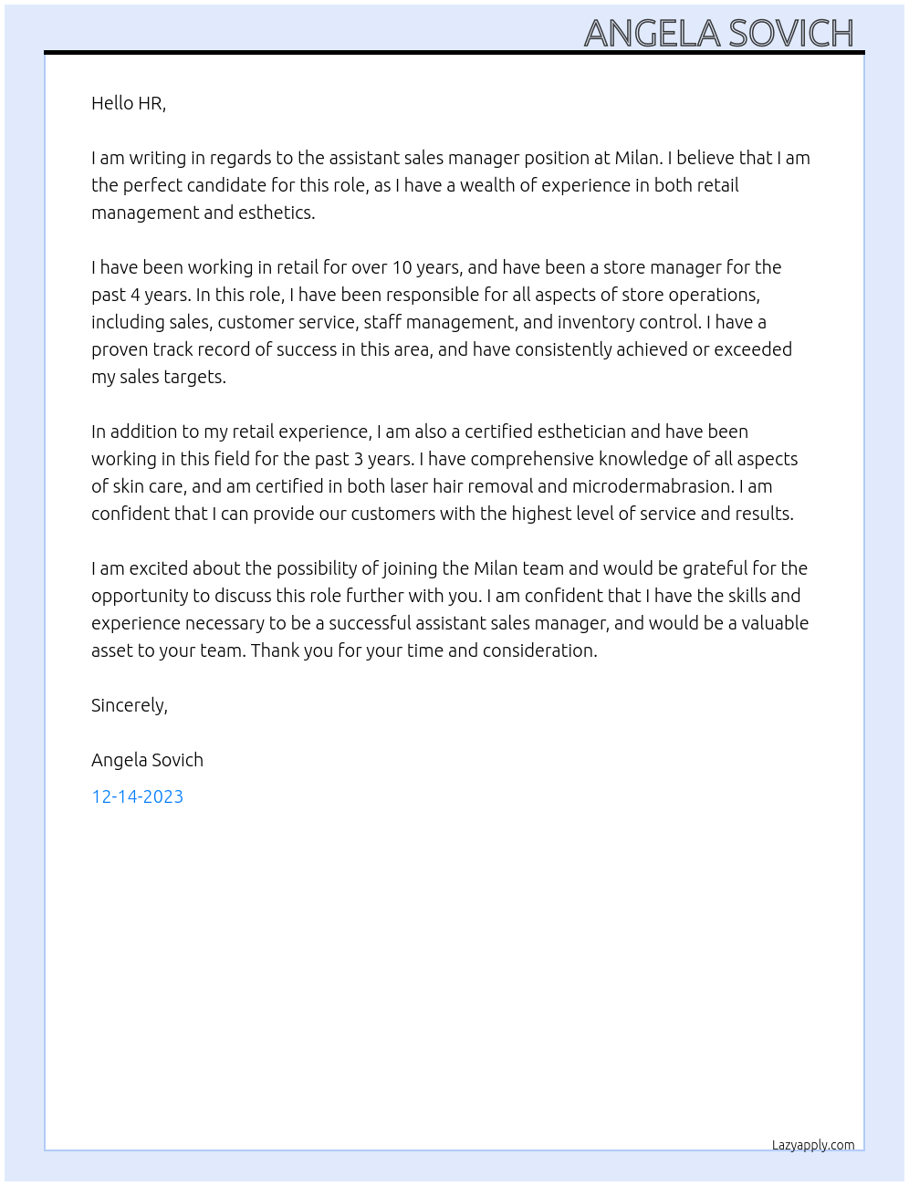 Assistant sales manager  At Milan  Cover Letter