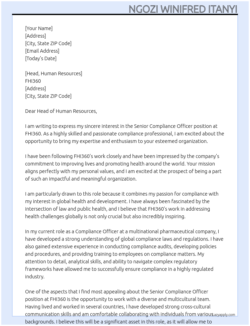 Senior Compliance Officer At FHI360 Cover Letter