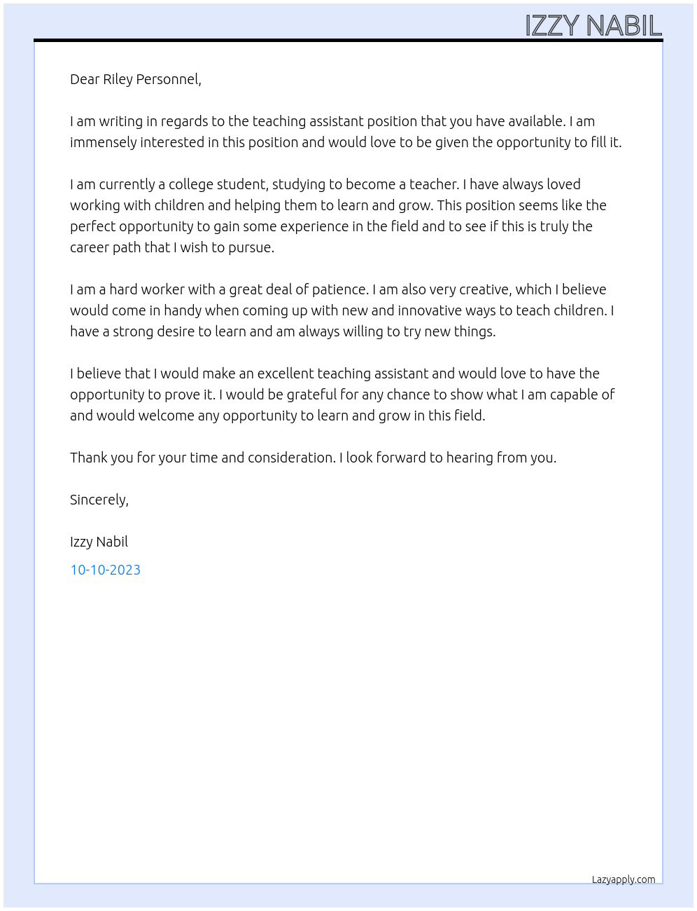 Teaching assistant At Riley personnel Cover Letter