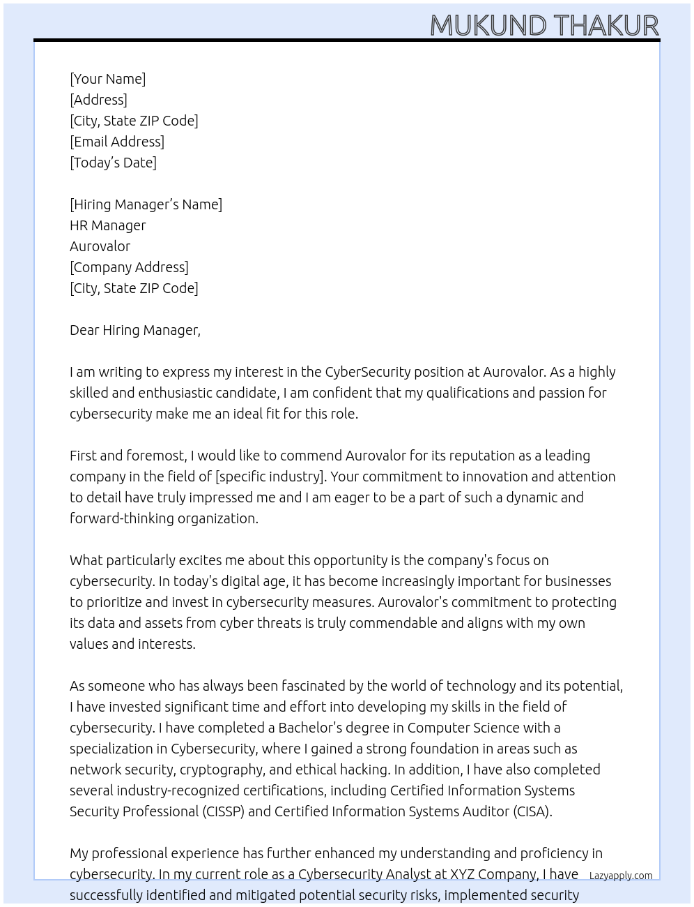 CyberSecurity At Aurovalor Cover Letter