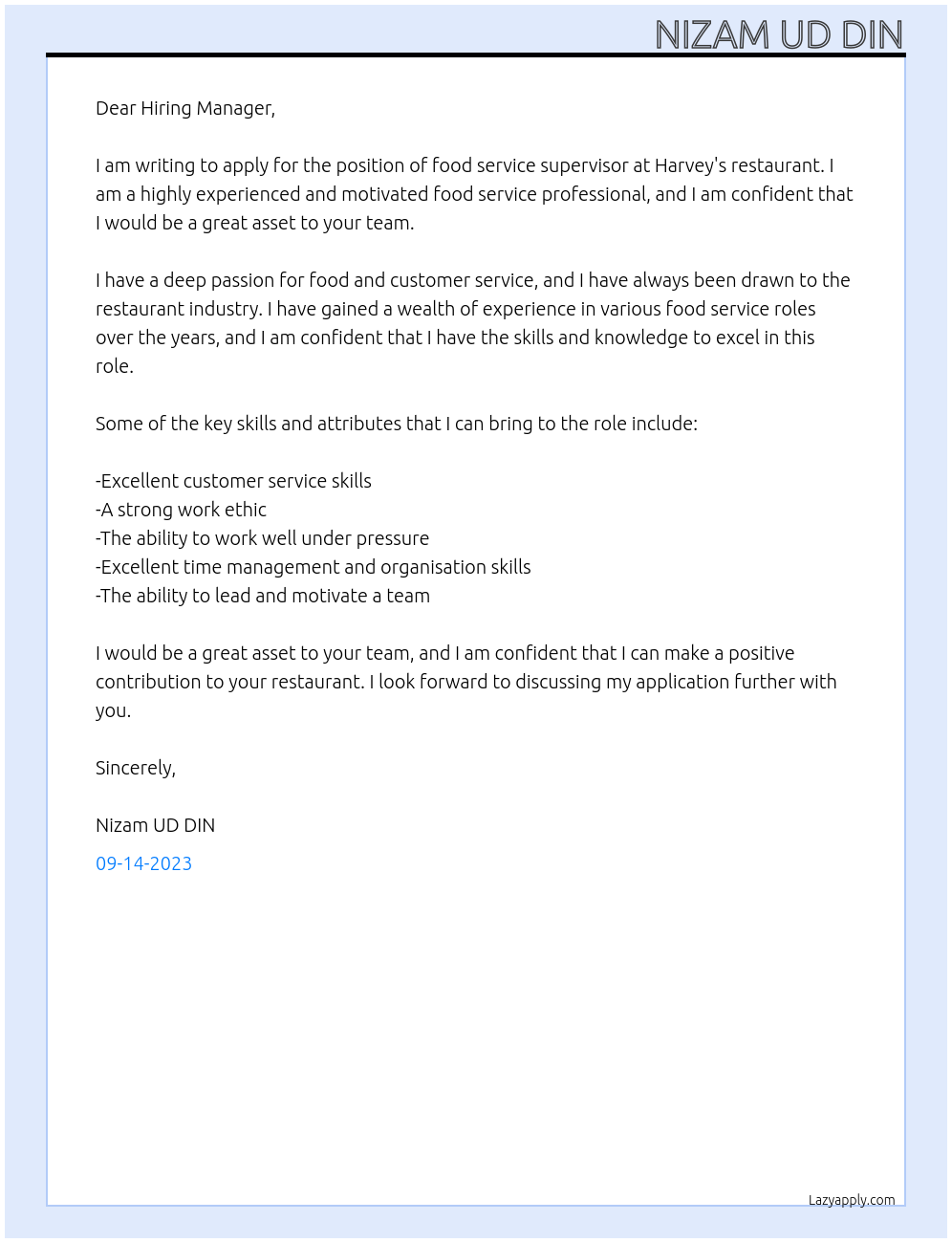 Food service supervisor At Harvey's restaurant Cover Letter