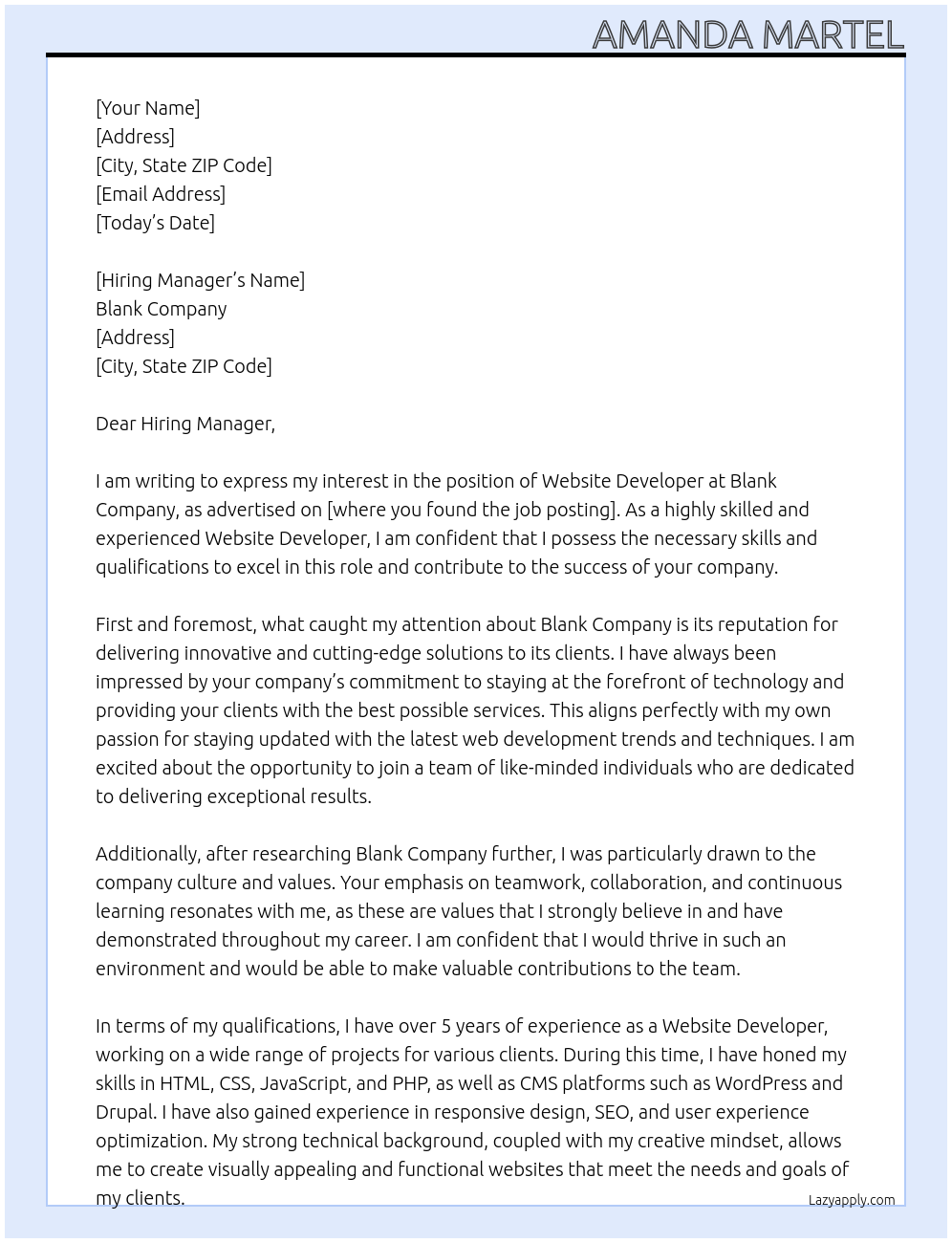 Website Developer At Blank Company Cover Letter