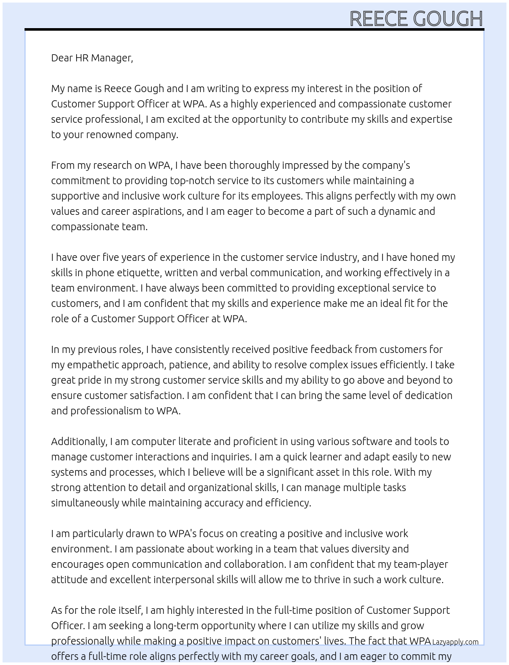 Customer Support Officer At WPA Cover Letter