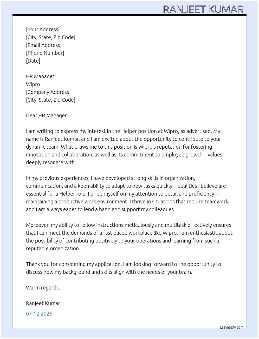 Helper  At Wipro  Cover Letter