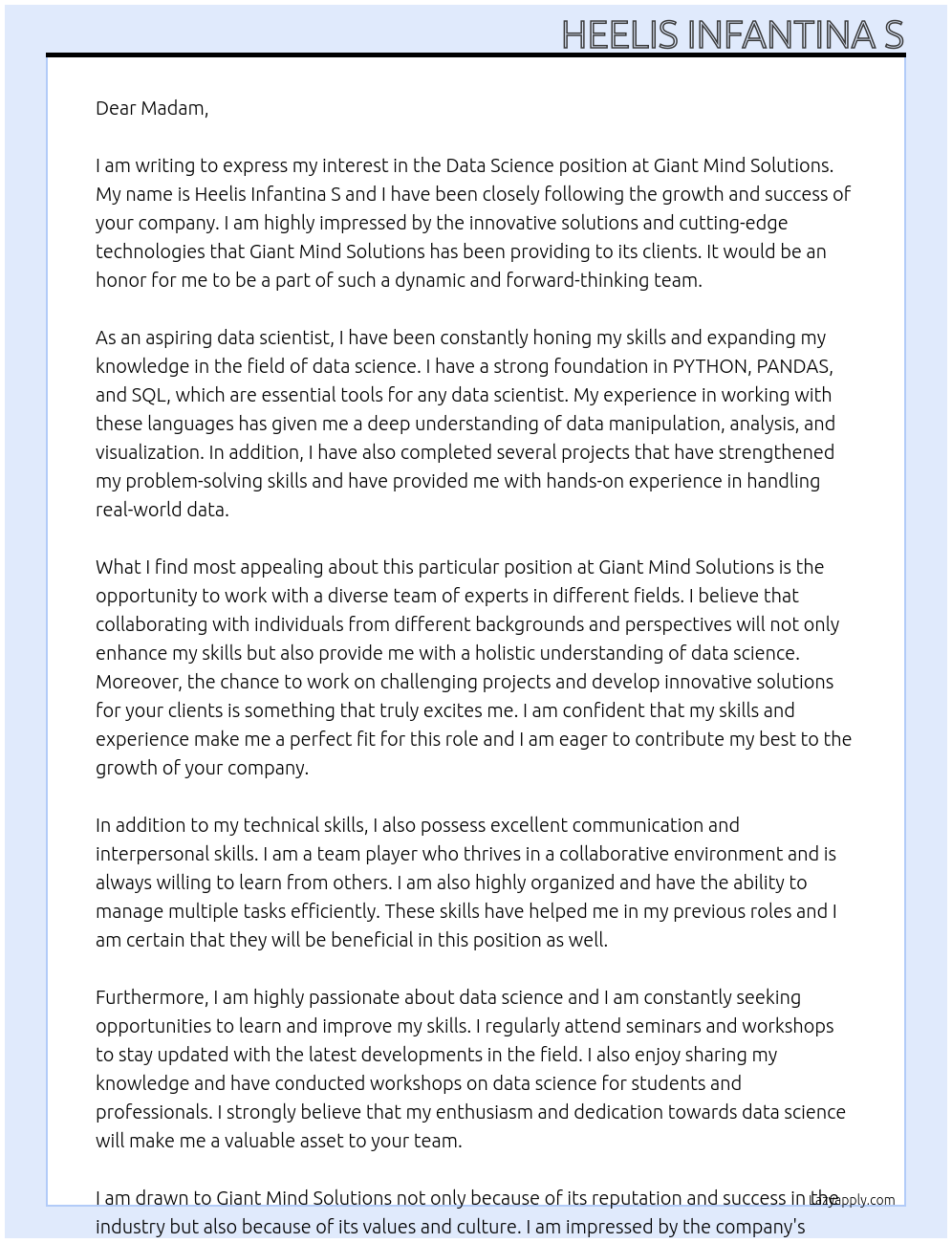 Data Science At Giant Mind Solutions Cover Letter