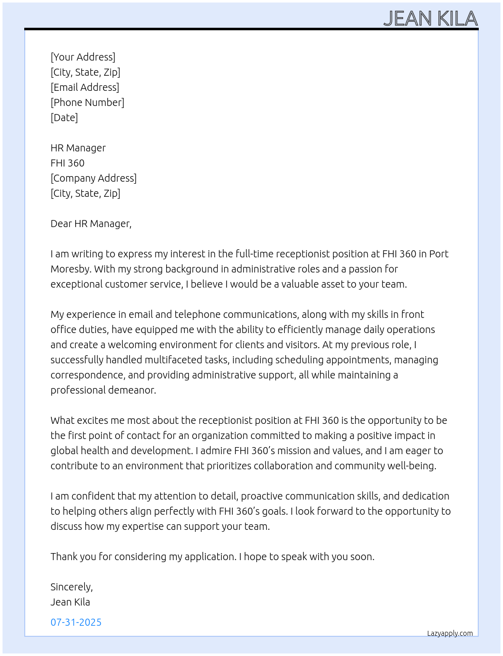 receptionist At fhi360 Cover Letter