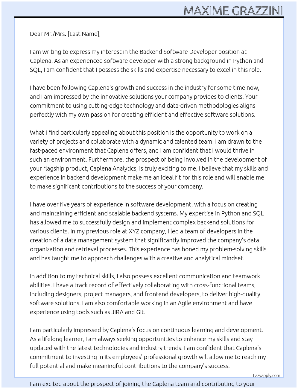 Backend Software Developer At Caplena Cover Letter