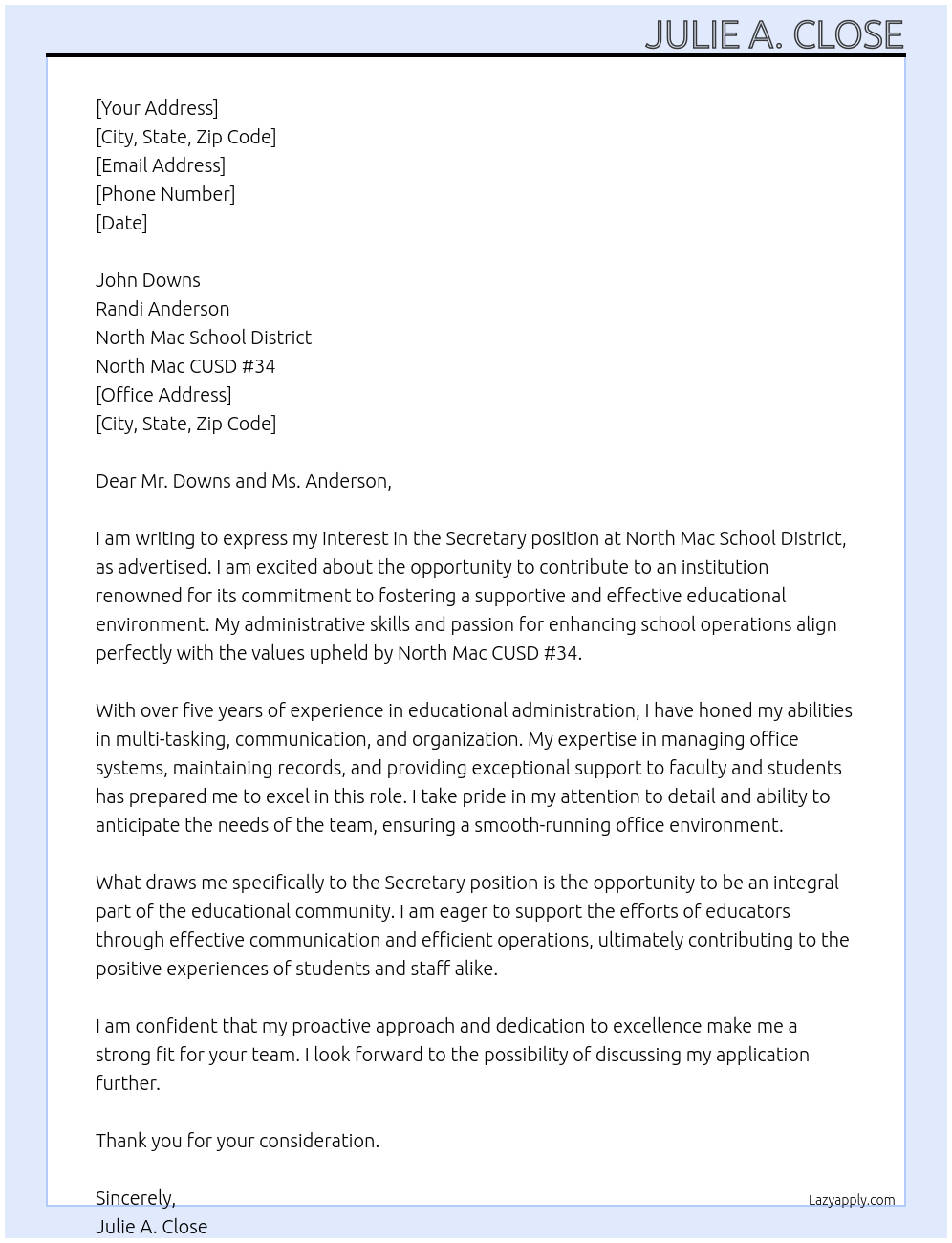 Secretary At North Mac School District Cover Letter