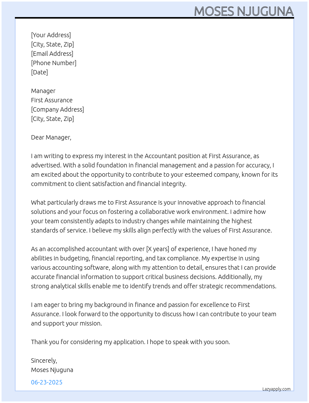 Accountant At first assurance Cover Letter