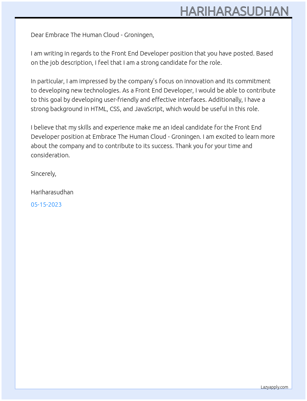 front end developer At Embrace The Human Cloud - Groningen Cover Letter