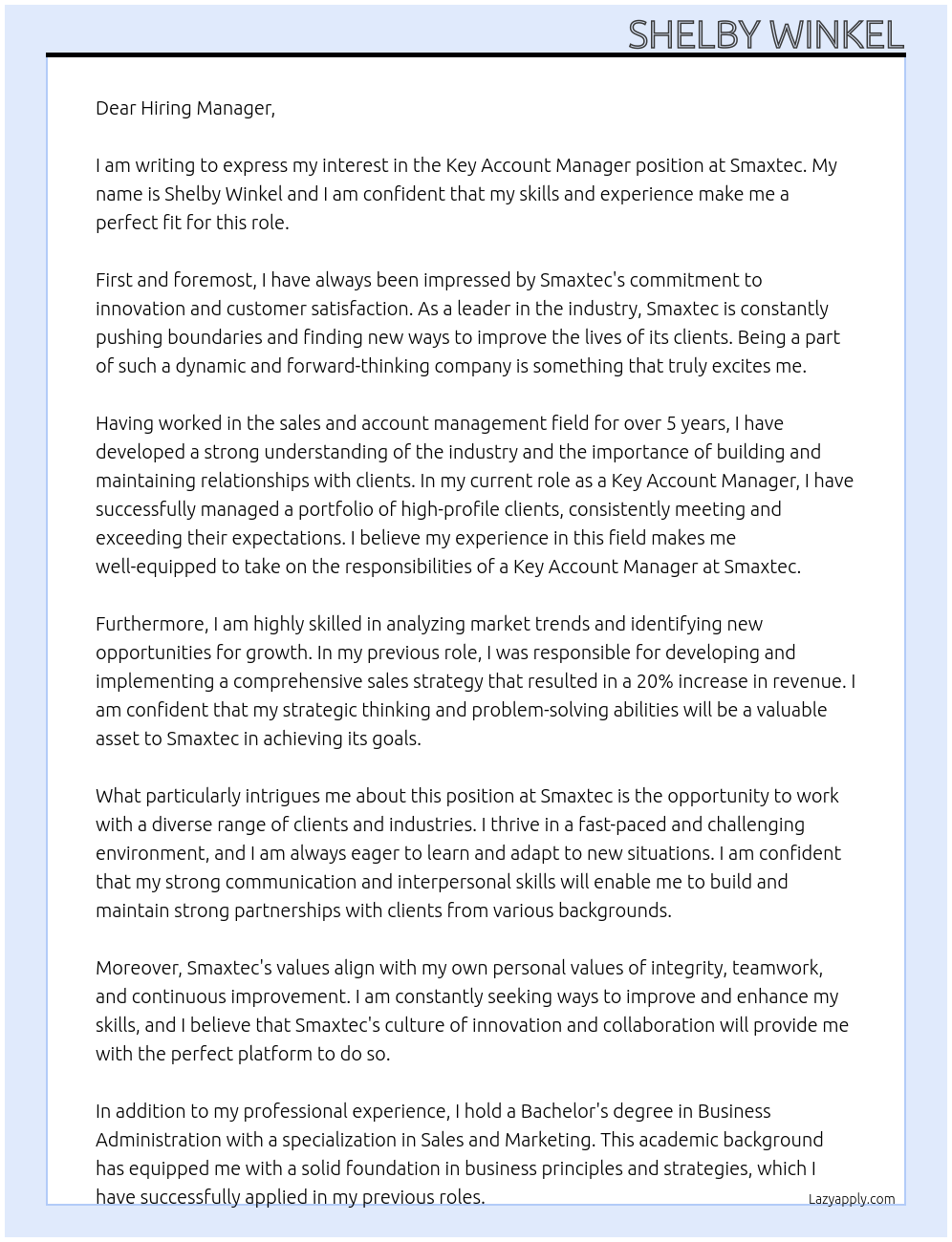 Key account manager At Smaxtec  Cover Letter