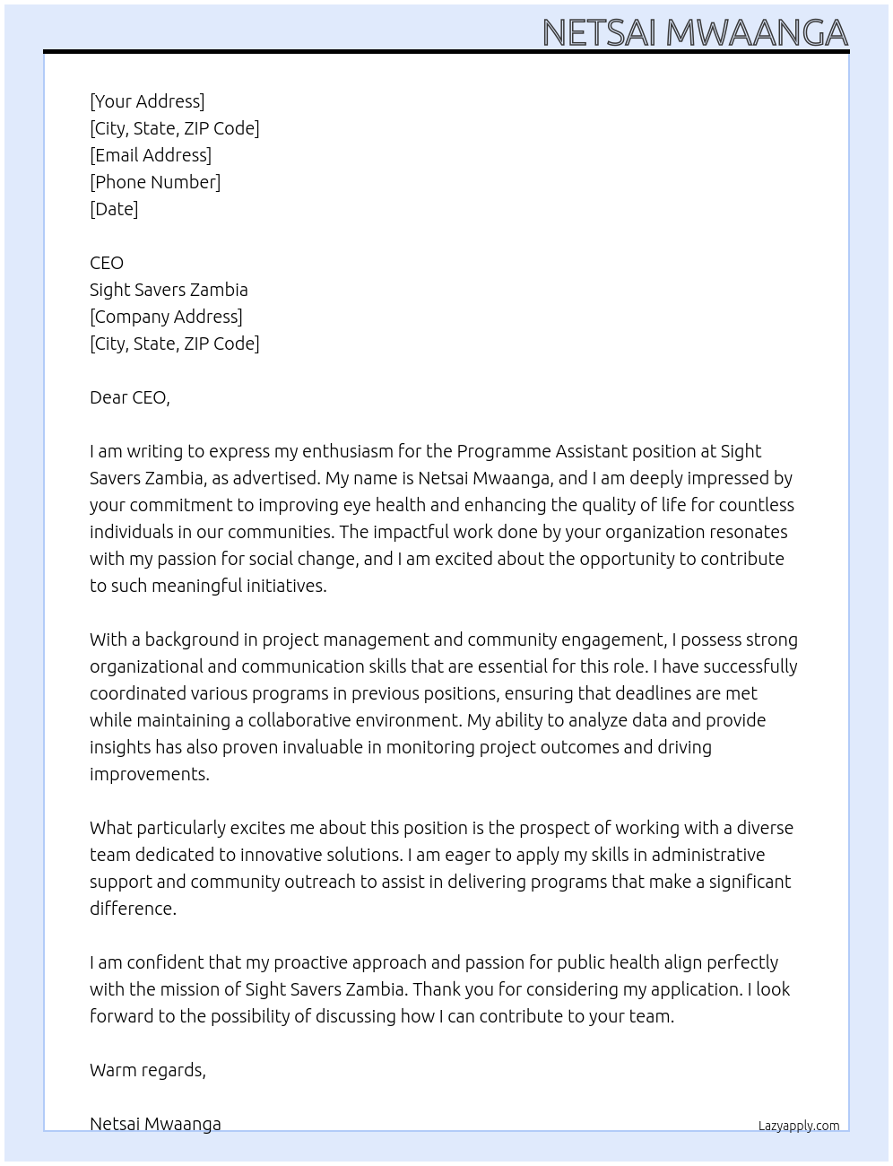 Cover letter for programme assistant - LazyApply