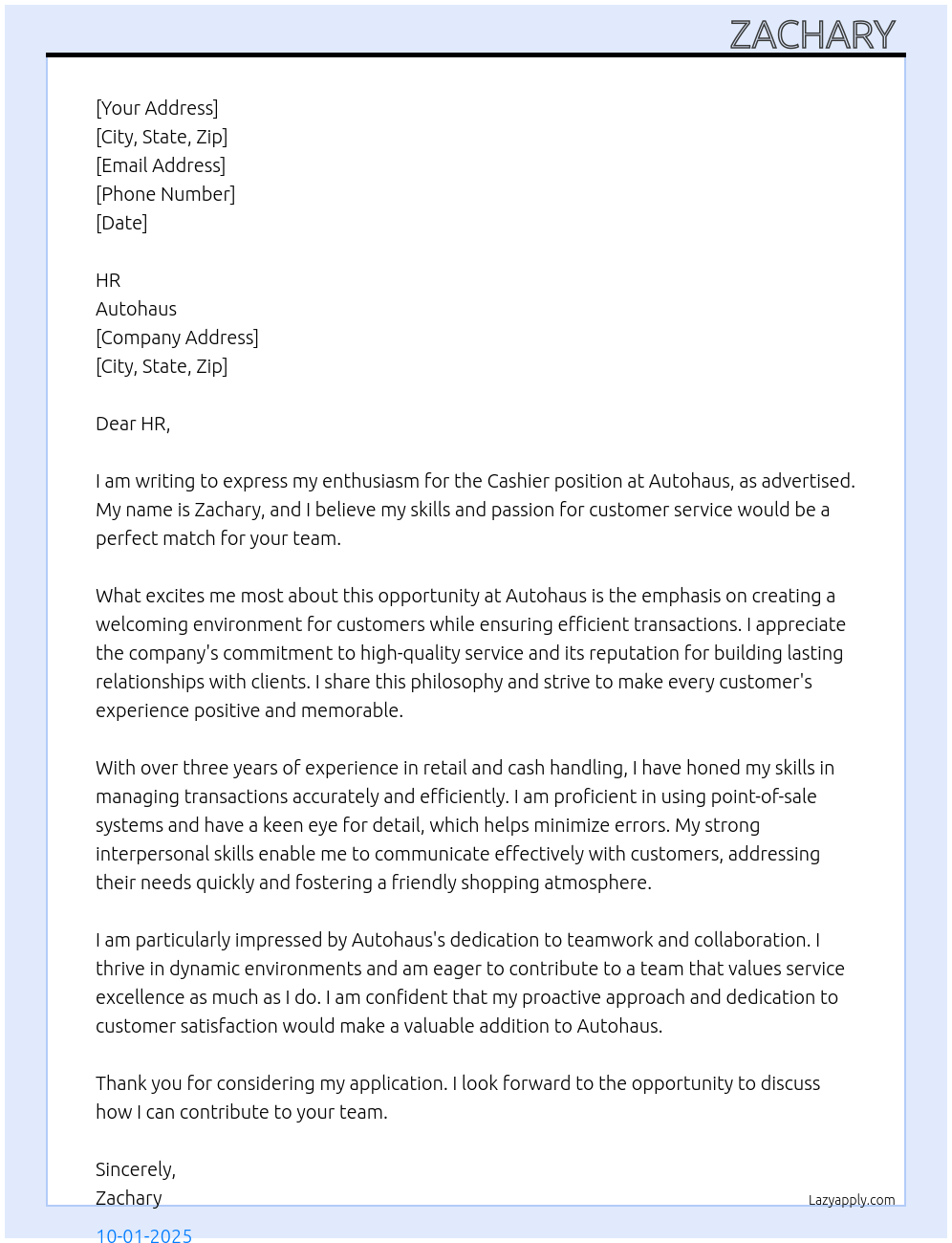 Cashier At Autohaus Cover Letter