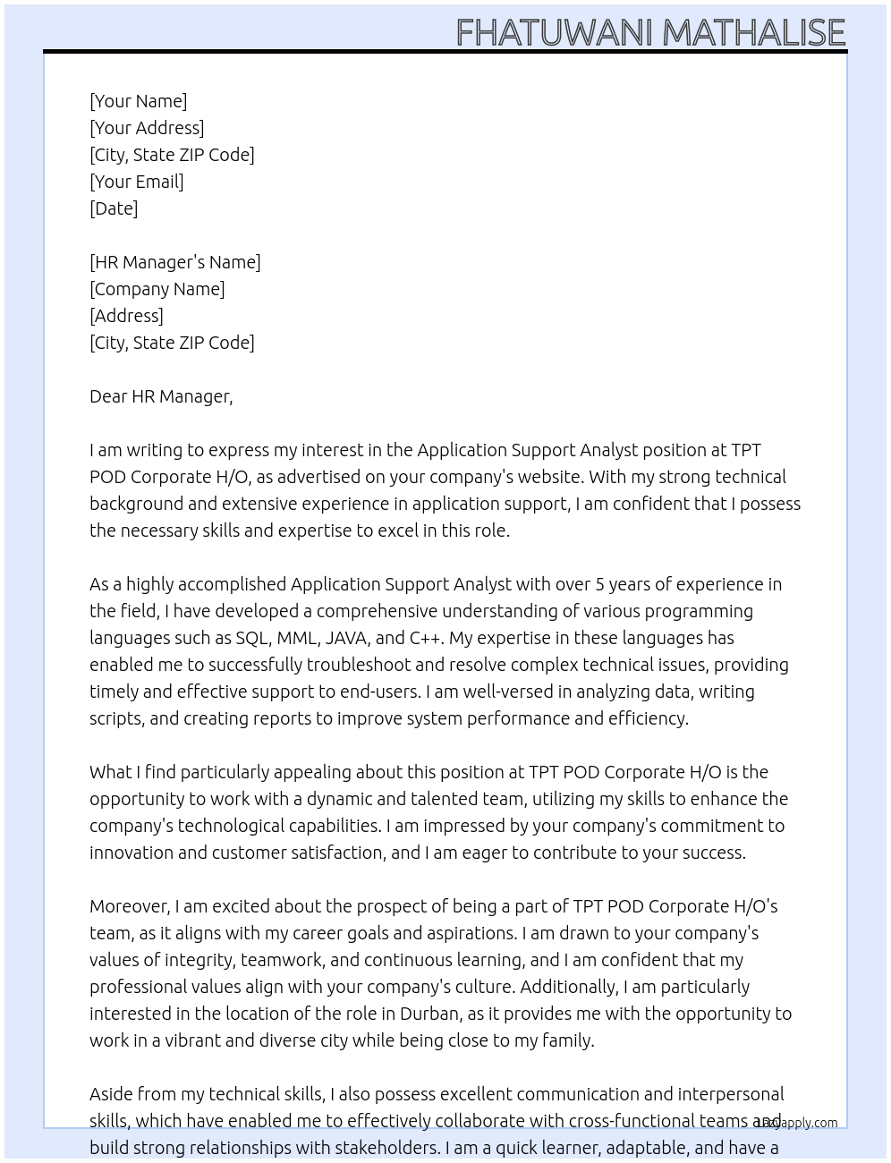 Application Support Analyst At TPT POD Corporate H/O Cover Letter