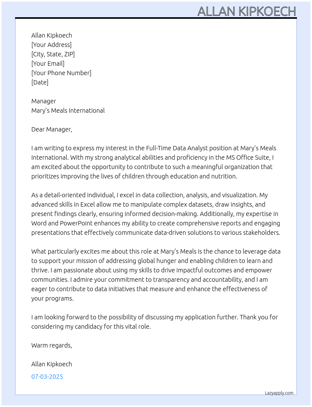 DATA ANALYST At Mary’s Meals International Cover Letter