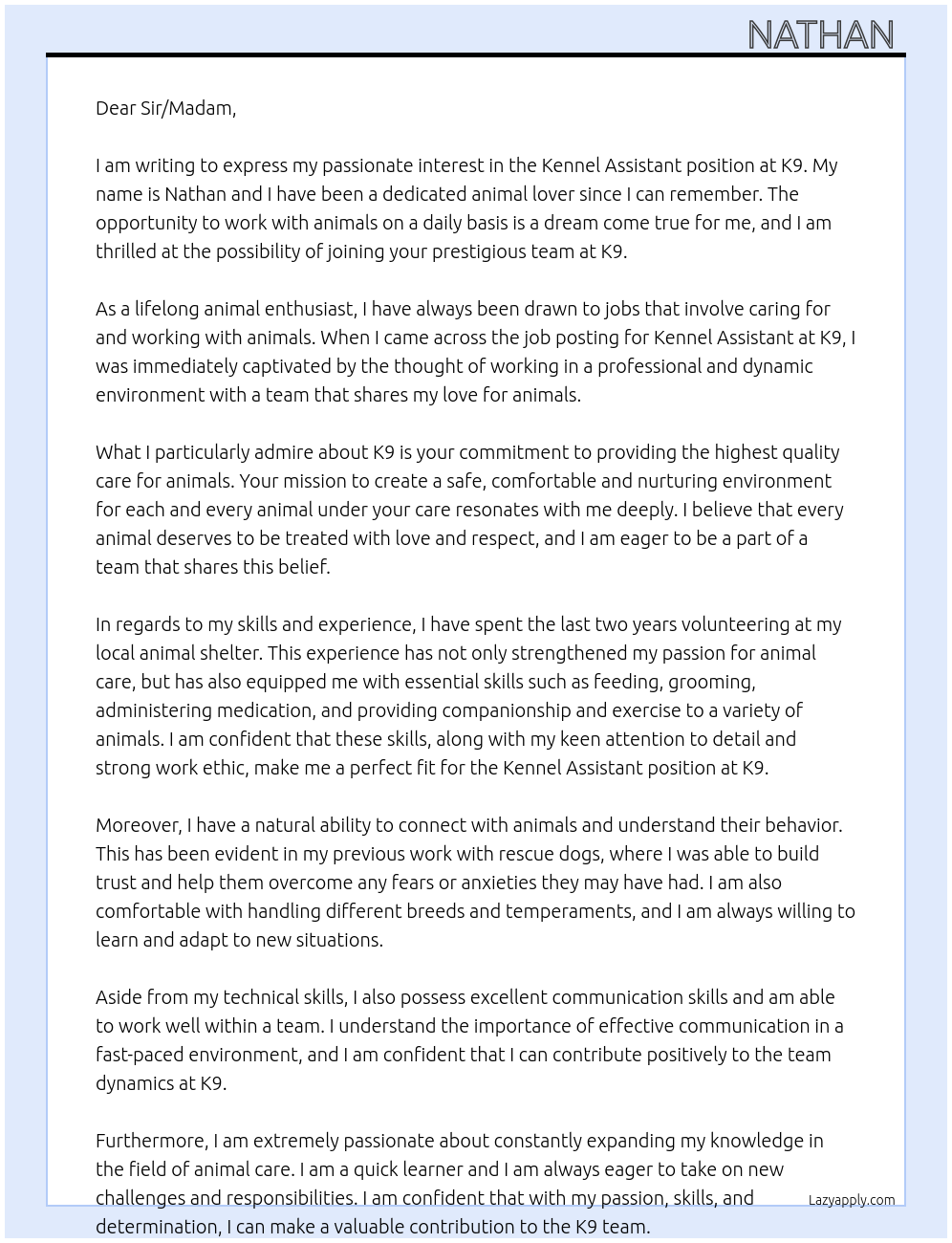 Kennel assistant At K9 Cover Letter