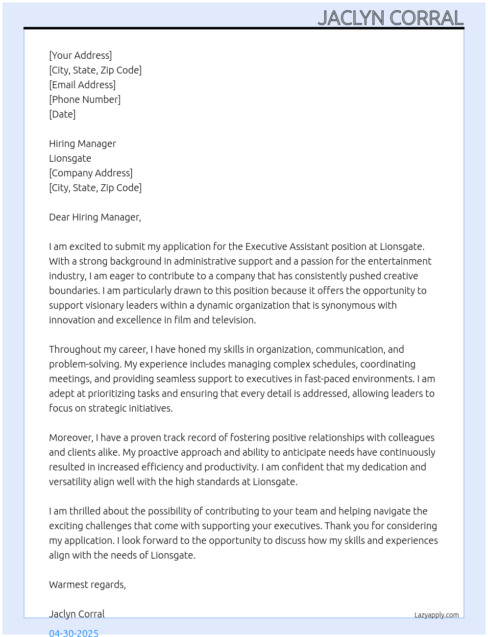 Executive Assistant  At Lionsgate Cover Letter