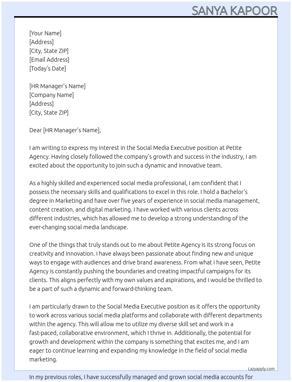 Cover letter for social media executive - LazyApply