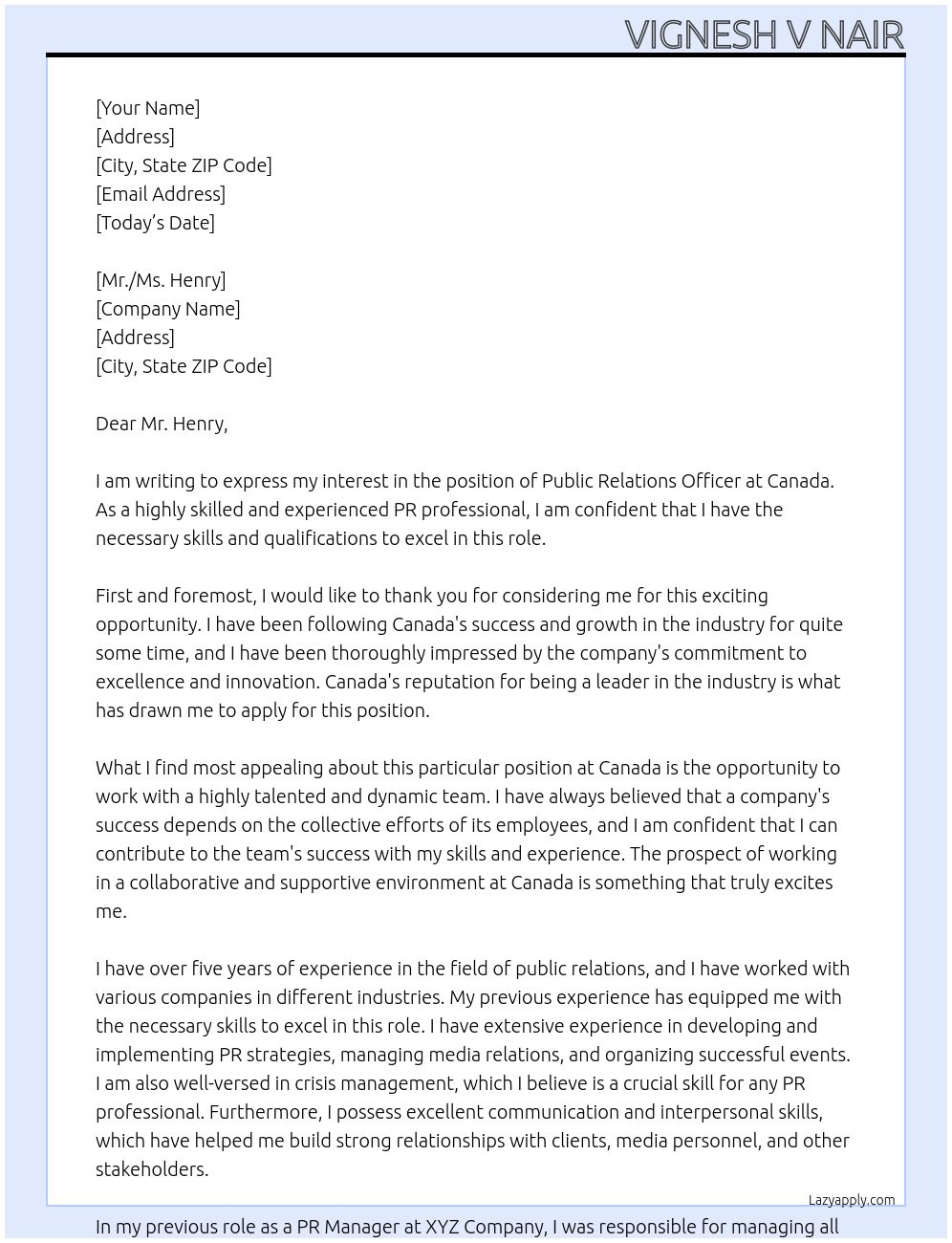 PUBLIC RELATION OFFICER At CANADA Cover Letter