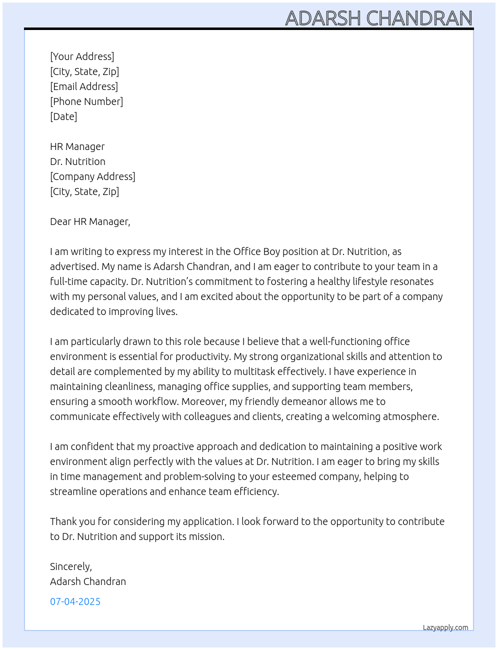 Office boy At Dr.Nutrition Cover Letter