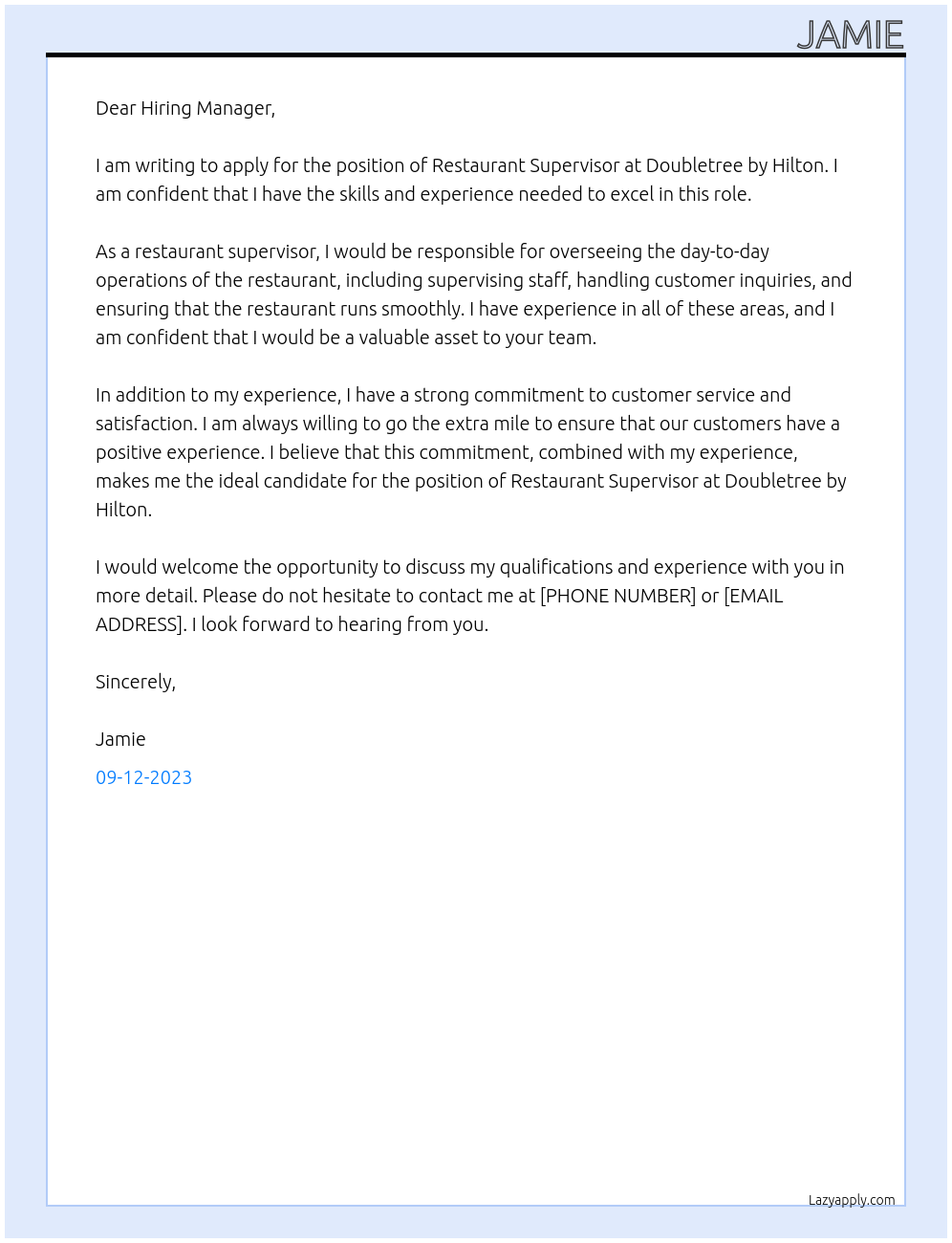 Restaurant supervisor At Doubletree by Hilton Cover Letter