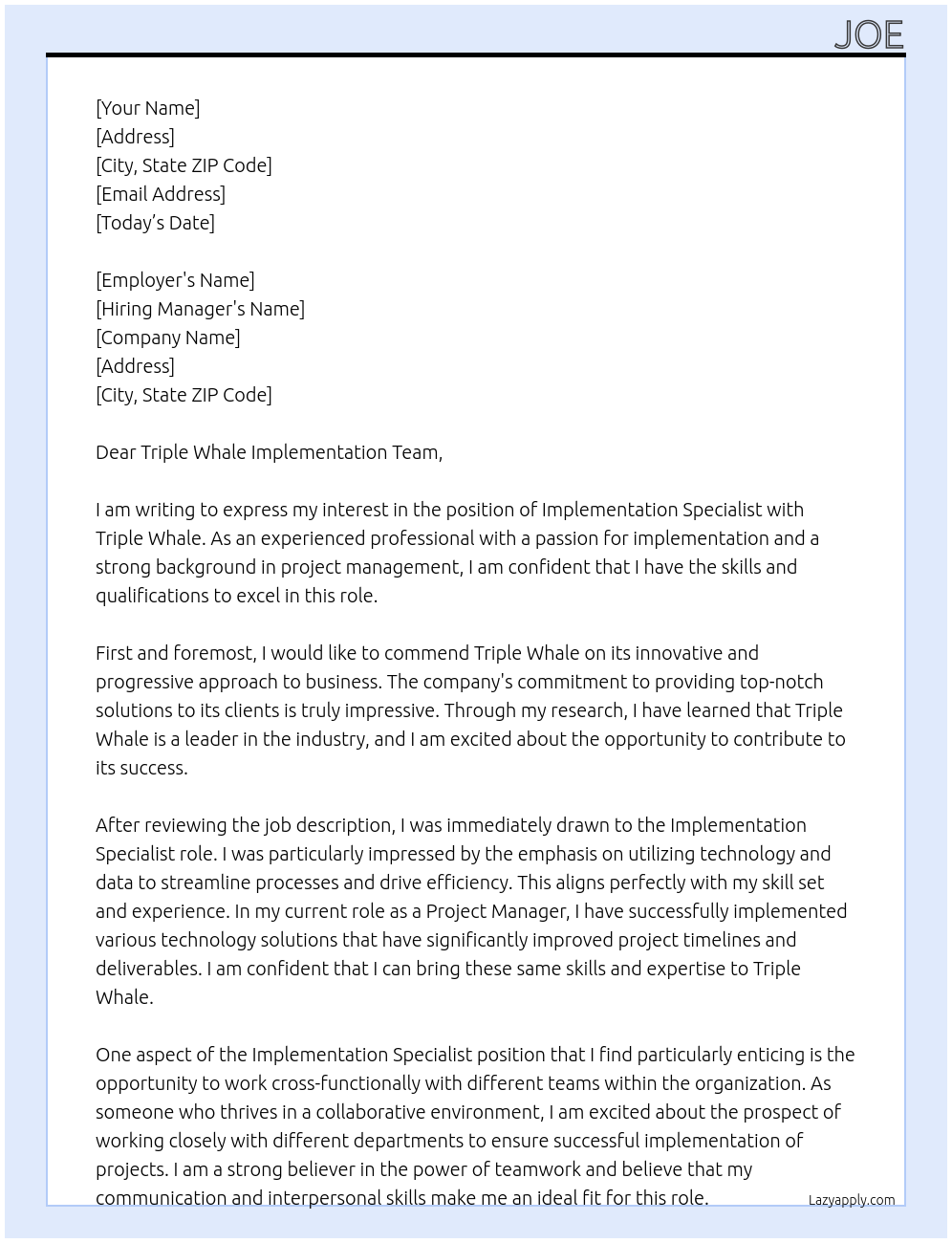Implementation Specialist At Triple Whale Cover Letter