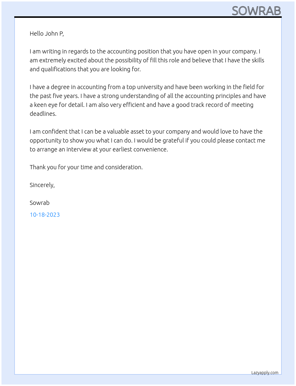 Accounting At John P Cover Letter