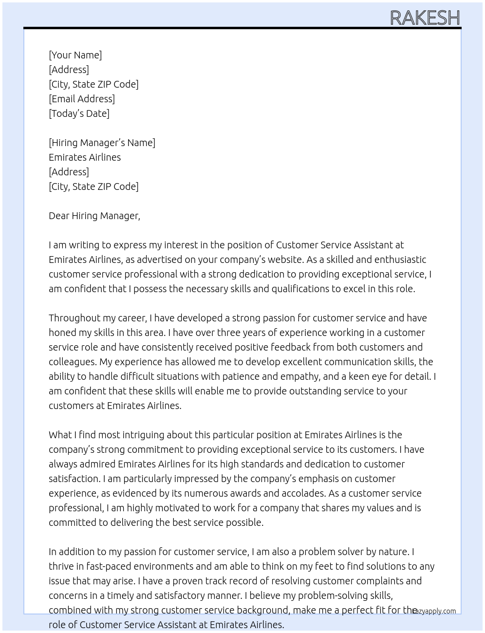 Customer service assistant At Emirates airlines Cover Letter