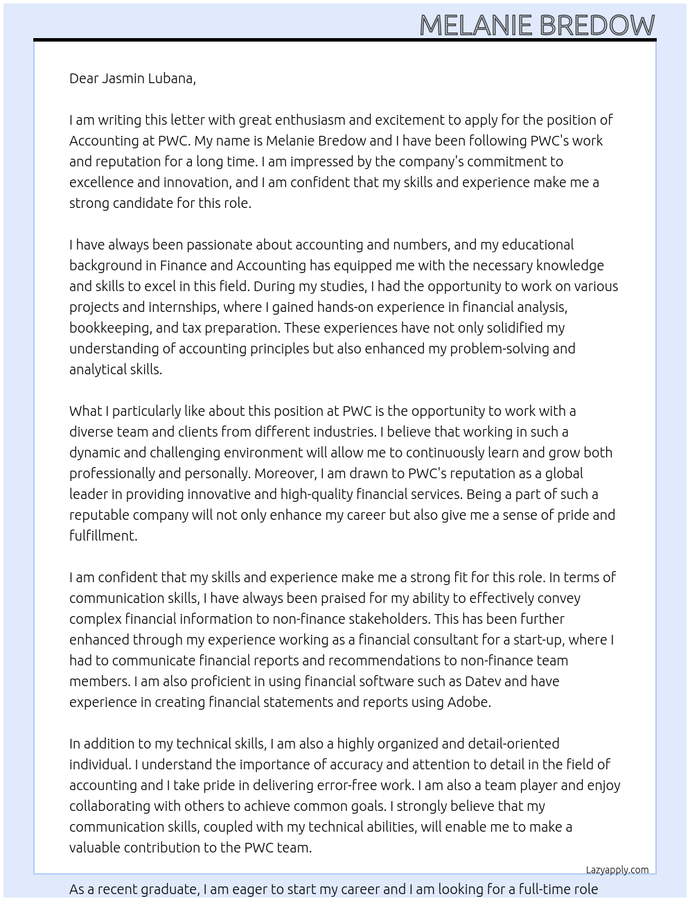 Accounting At PWC Cover Letter