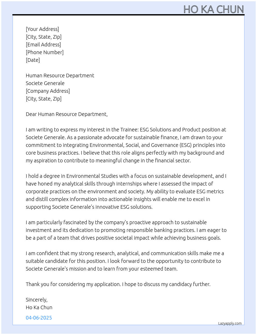 TRAINEE: ESG Solutions and Product At Societe Generale Cover Letter