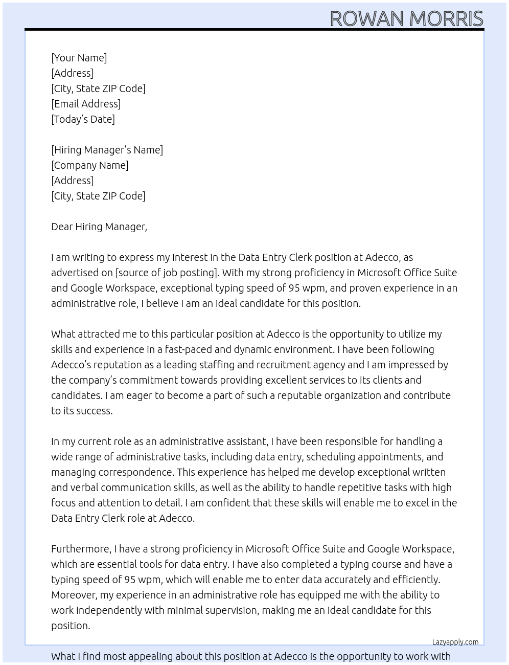 Data Entry Clerk At Adecco Cover Letter