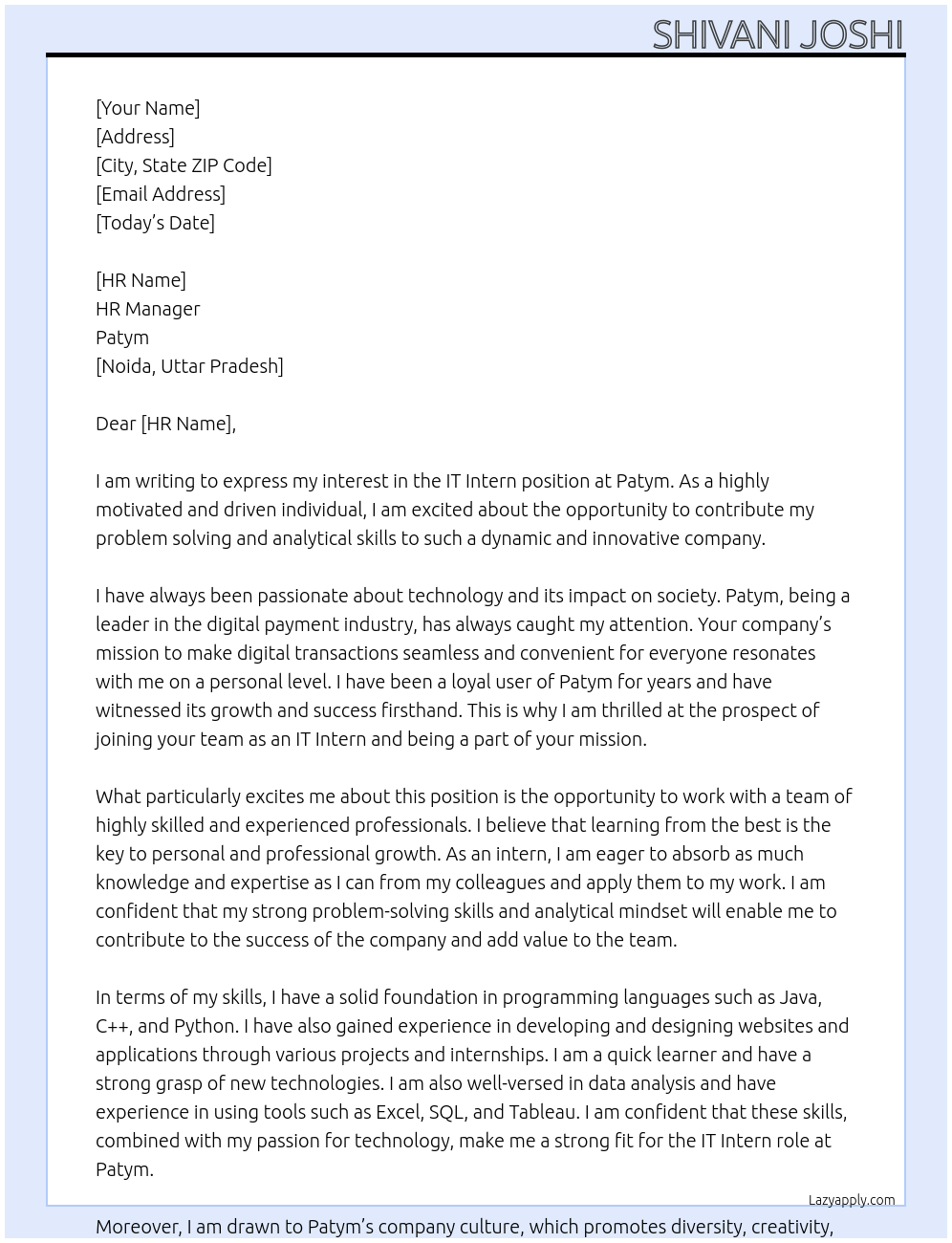 IT INTERN At Patym Cover Letter