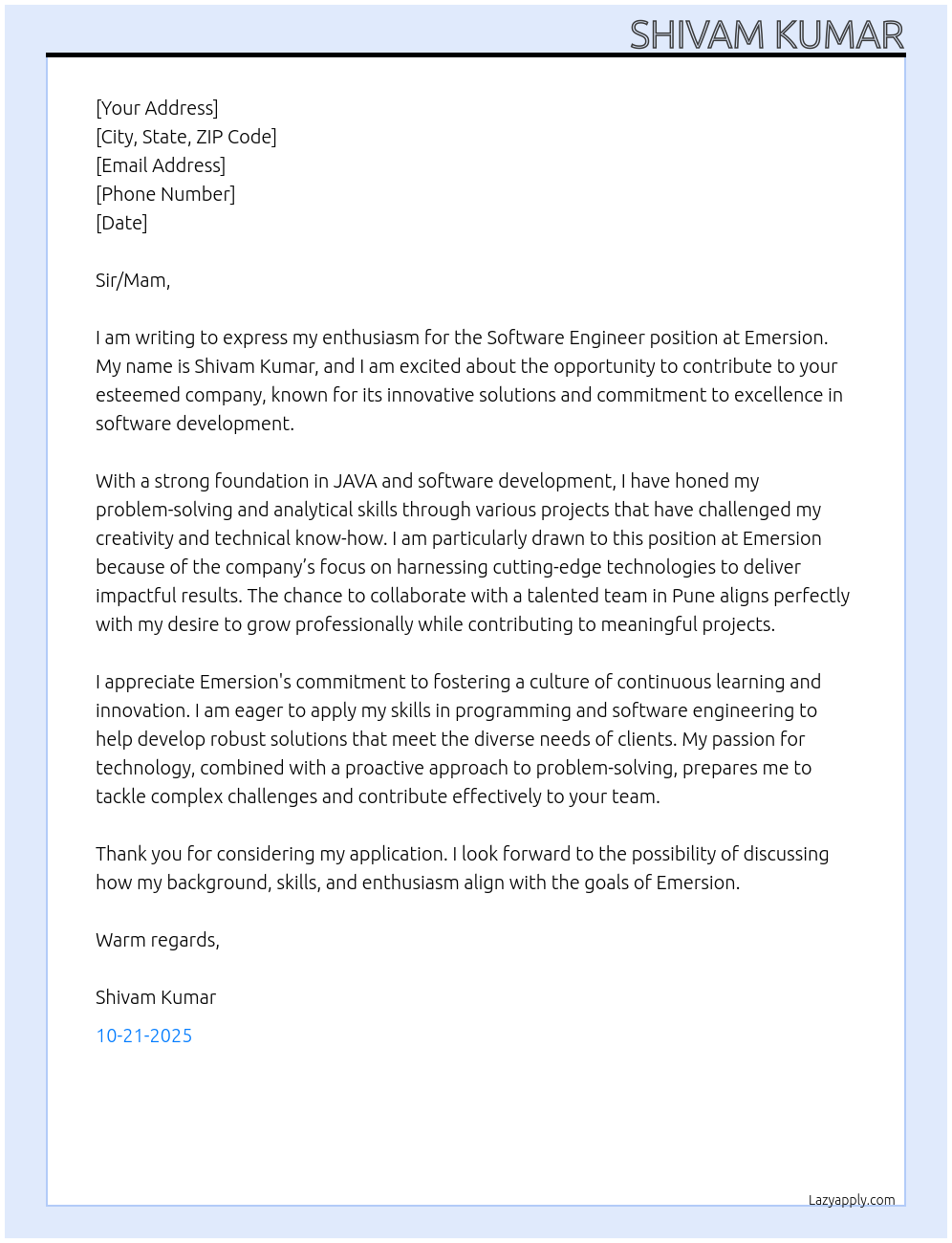 Software engineer At Emersion Cover Letter