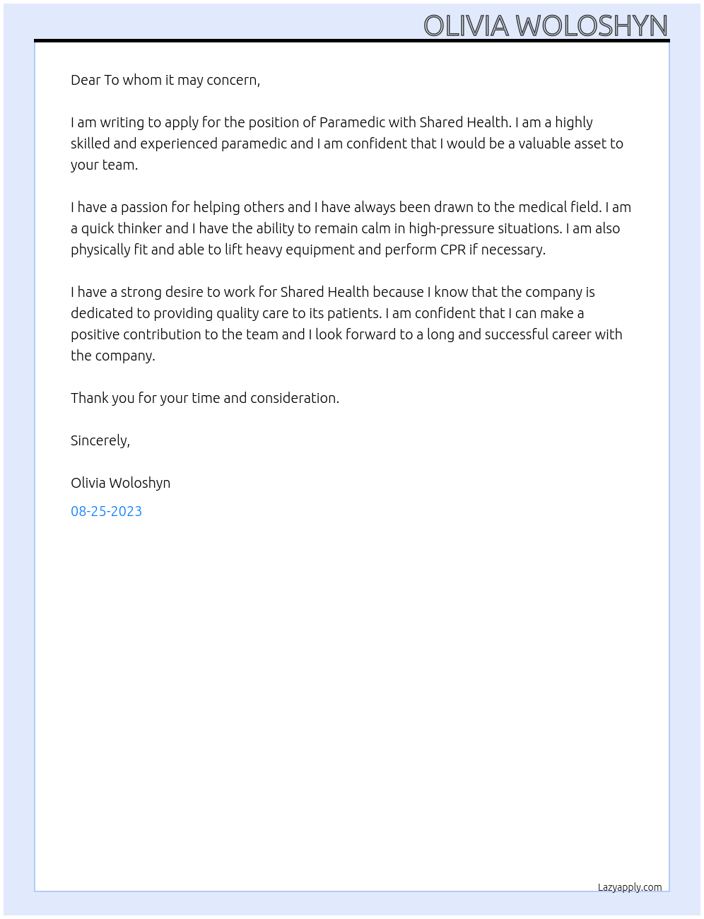 Paramedic At Shared Health Cover Letter