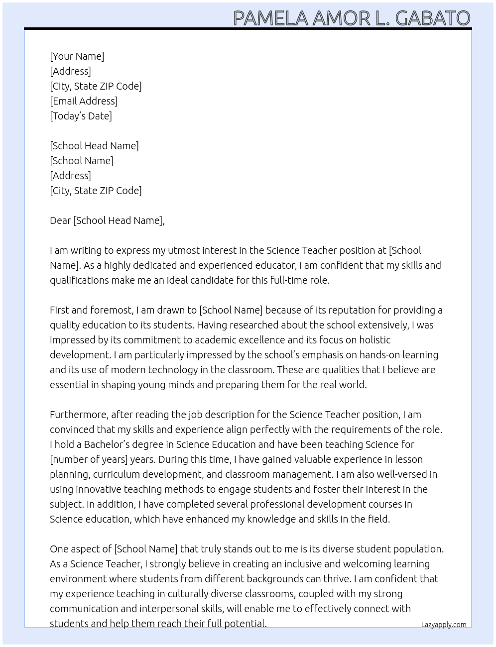 Science Teacher  At Science Teacher  Cover Letter