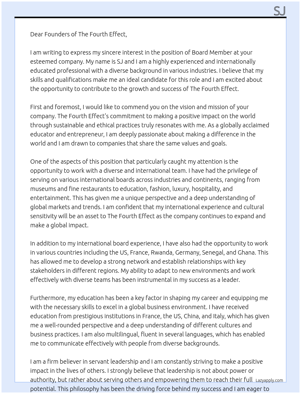 Board member At The fourth effect Cover Letter