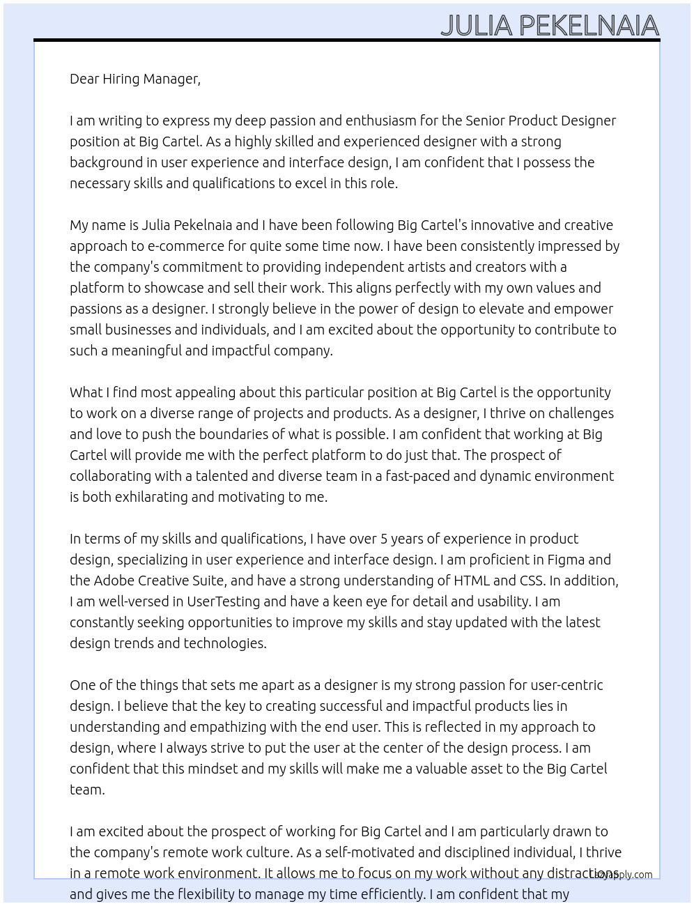 Senior Product Designer At Big Cartel Cover Letter