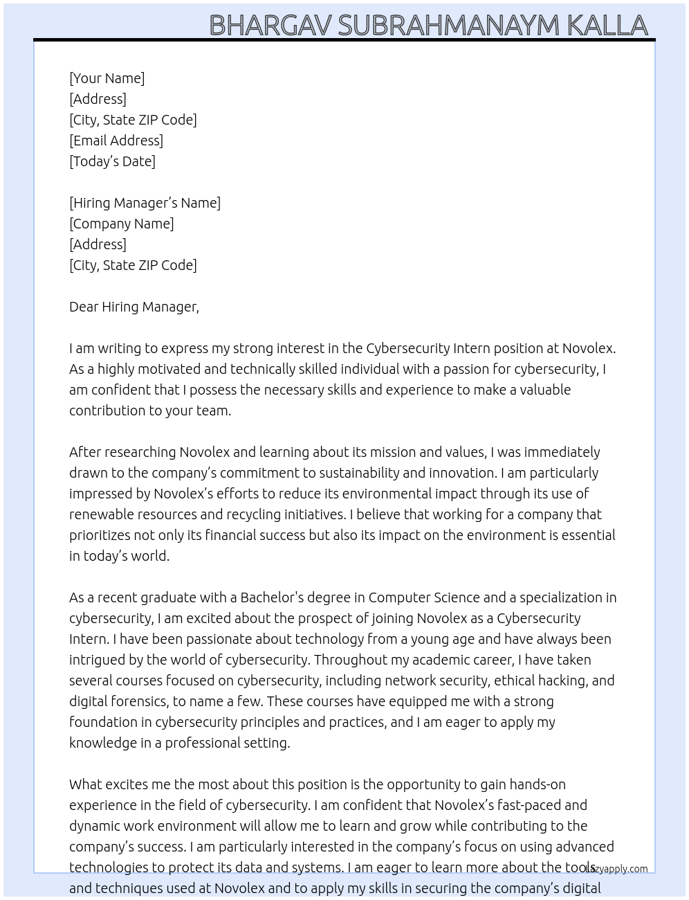 Cover letter for cybersecurity intern - LazyApply