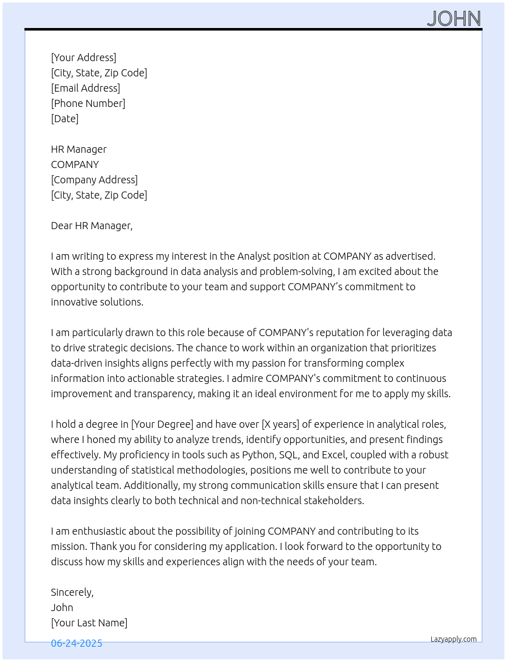 Analyst At COMPANY Cover Letter