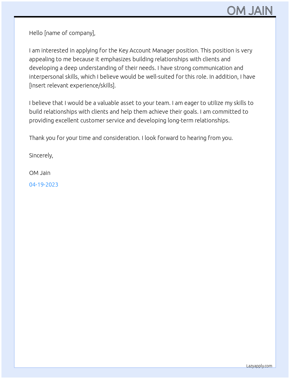 Key Account Manager At . Cover Letter
