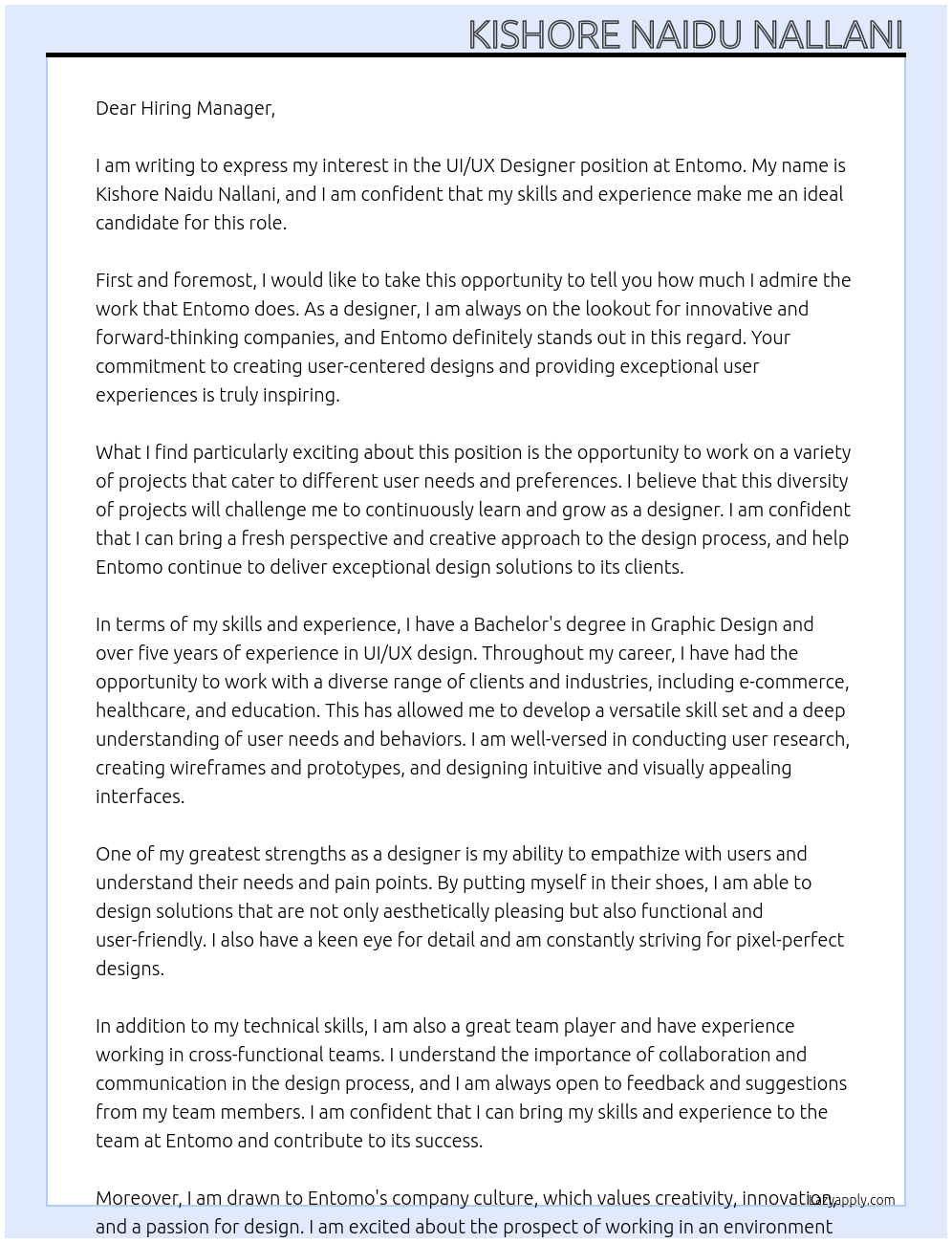 UI/UX Designer At entomo Cover Letter