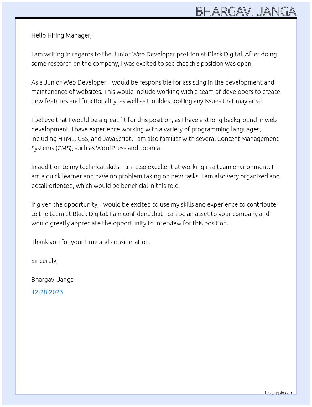 Junior web developer At Black digital Cover Letter