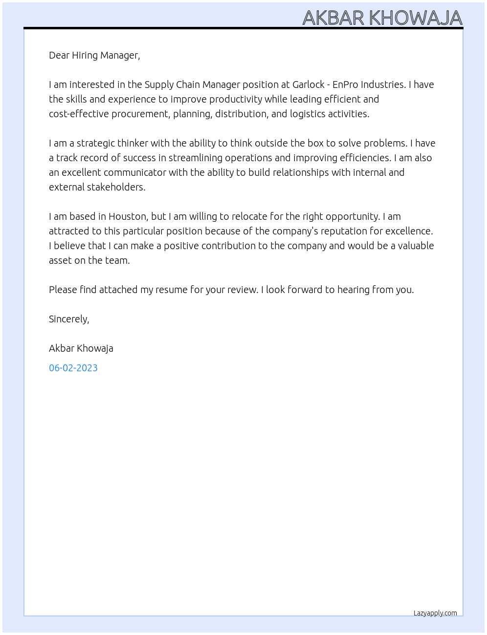 Supply Chain Manager At Garlock - EnPro Industries Cover Letter