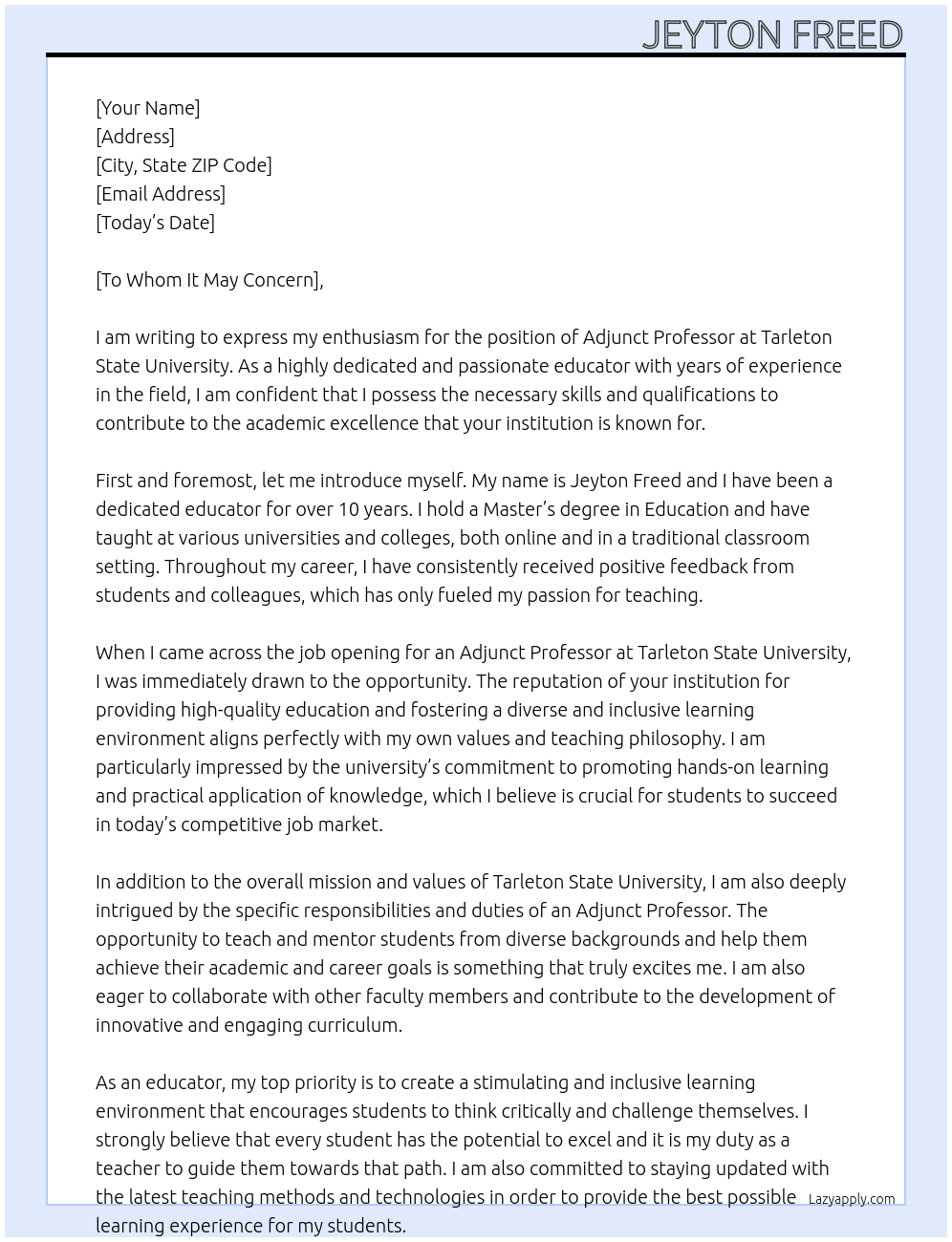 Adjunct Professor At Tarleton State University Cover Letter